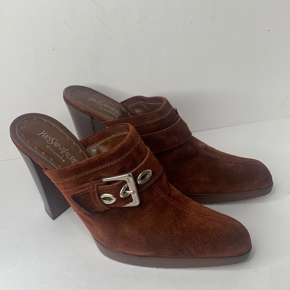 Yves Saint Laurent brown suede leather buckled heeled mules